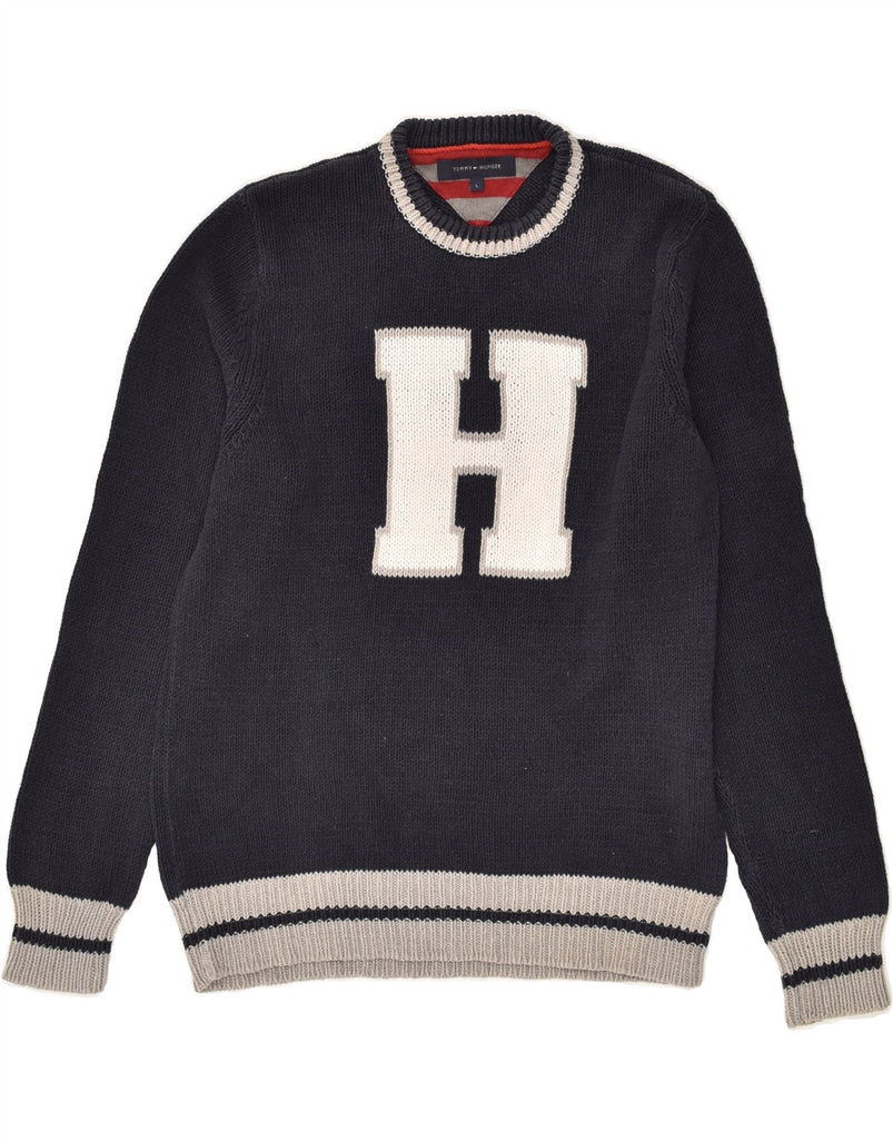 TOMMY HILFIGER Mens Graphic Crew Neck Jumper Sweater Large Navy Blue | Vintage Tommy Hilfiger | Thrift | Second-Hand Tommy Hilfiger | Used Clothing | Messina Hembry 