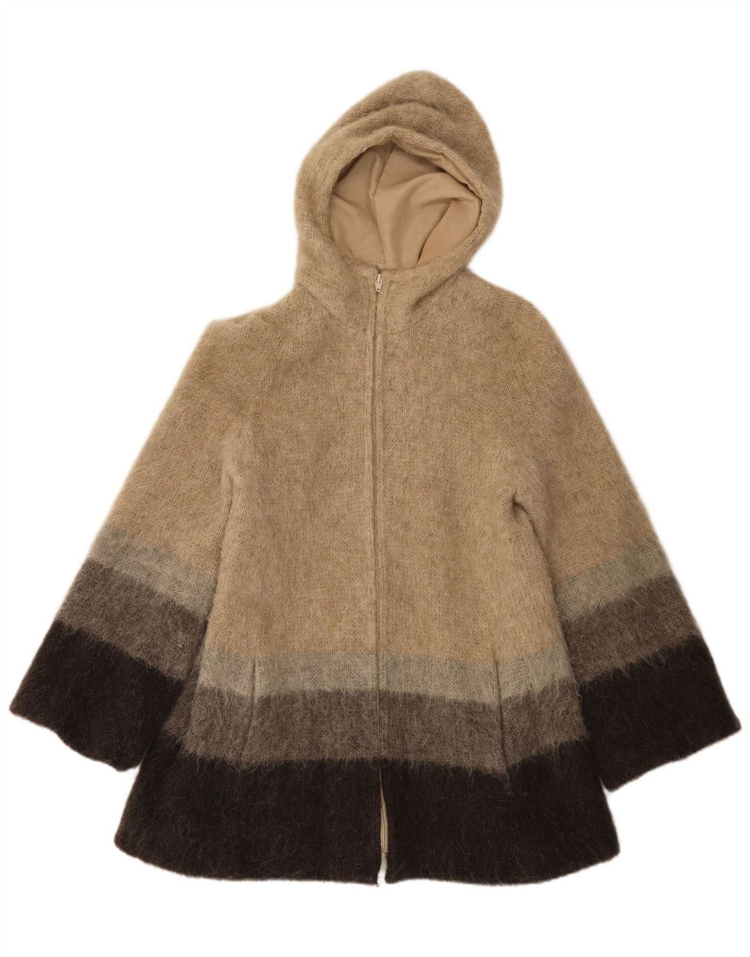 Alafoss Icewool Womens Hooded Overcoat UK 14 Medium Beige Colourblock
