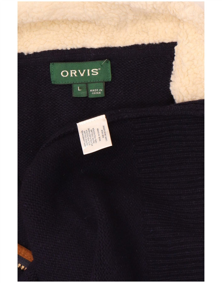 ORVIS Mens Zip Neck Jumper Sweater Large Navy Blue Colourblock Lambswool