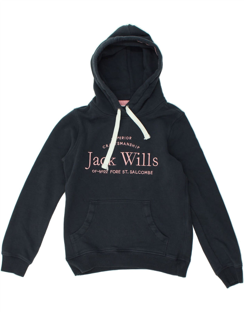 JACK WILLS Womens Graphic Hoodie Jumper UK 8 Medium Navy Blue Cotton | Vintage Jack Wills | Thrift | Second-Hand Jack Wills | Used Clothing | Messina Hembry 