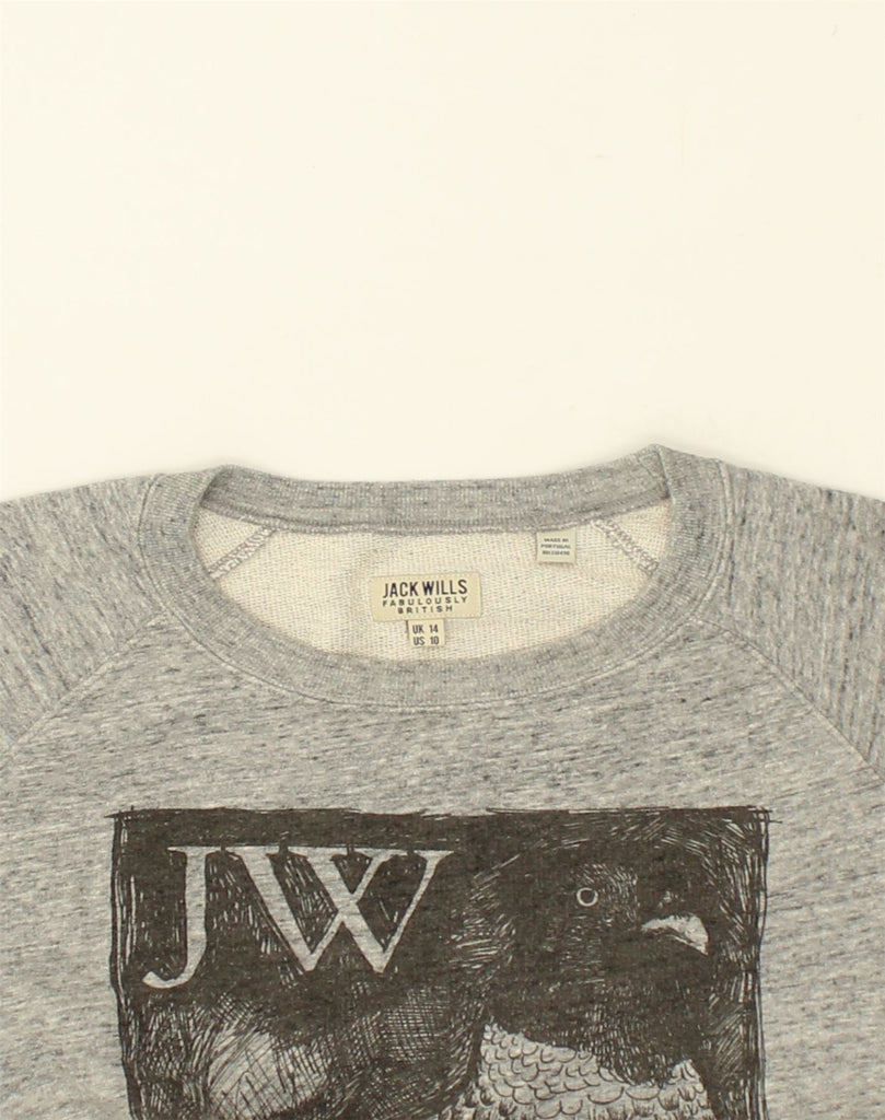 JACK WILLS Womens Graphic Sweatshirt Jumper UK 14 Large Grey Cotton | Vintage Jack Wills | Thrift | Second-Hand Jack Wills | Used Clothing | Messina Hembry 