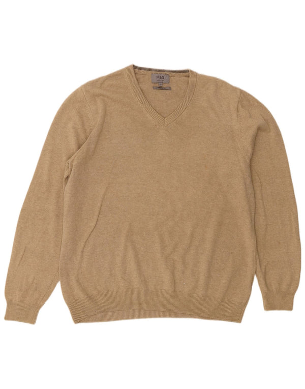 Marks & Spencer Mens V-Neck Jumper Sweater Large Beige Cotton