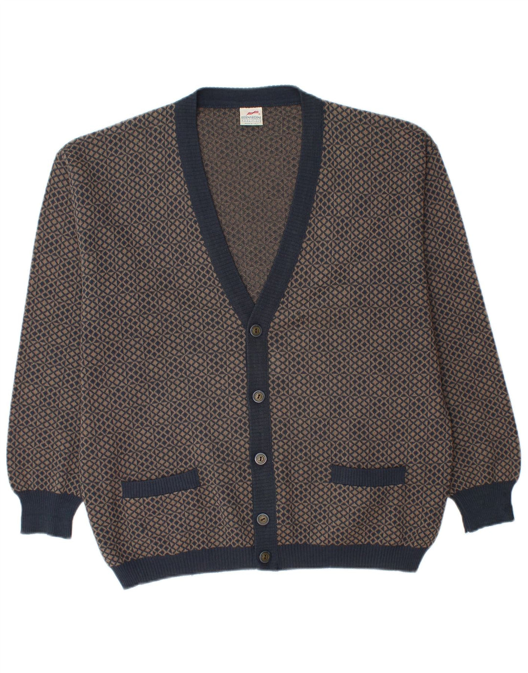 Bernardini Mens Cardigan Sweater Medium Navy Blue Geometric Wool