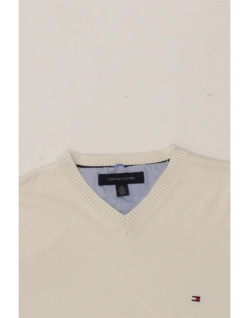 TOMMY HILFIGER Womens V-Neck Jumper Sweater UK 10 Small White Cotton Vintage Tommy Hilfiger and Second-Hand Tommy Hilfiger from Messina Hembry 