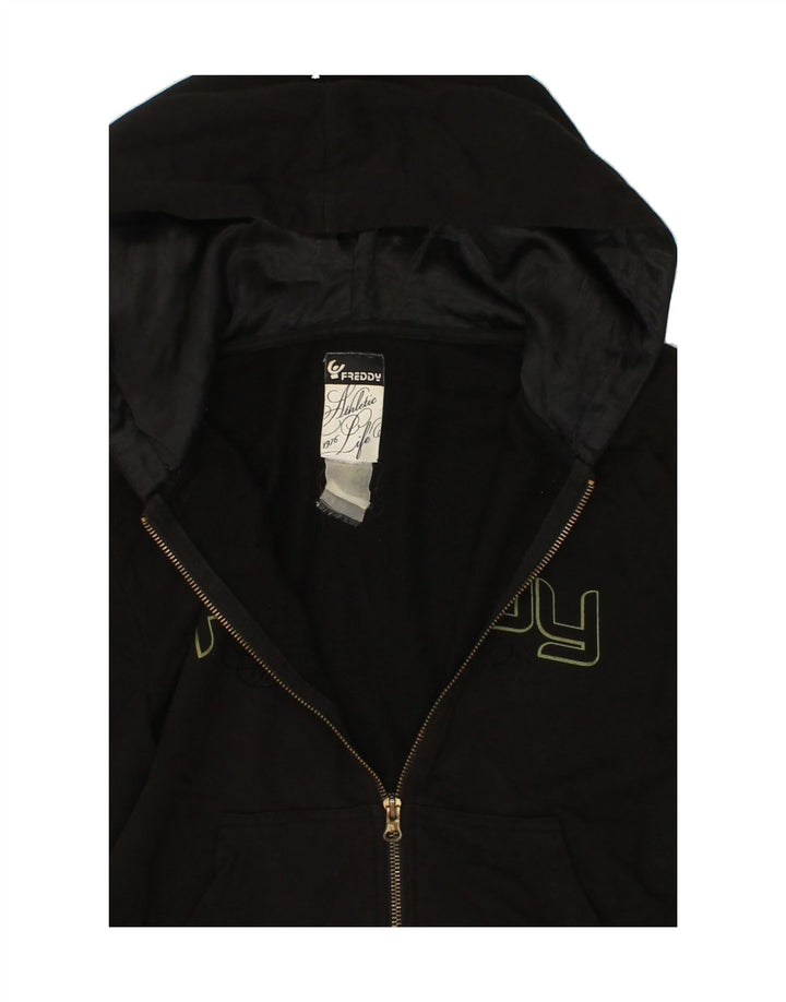 FREDDY Womens Graphic Zip Hoodie Sweater UK 12 Medium Black Vintage Freddy and Second-Hand Freddy from Messina Hembry 