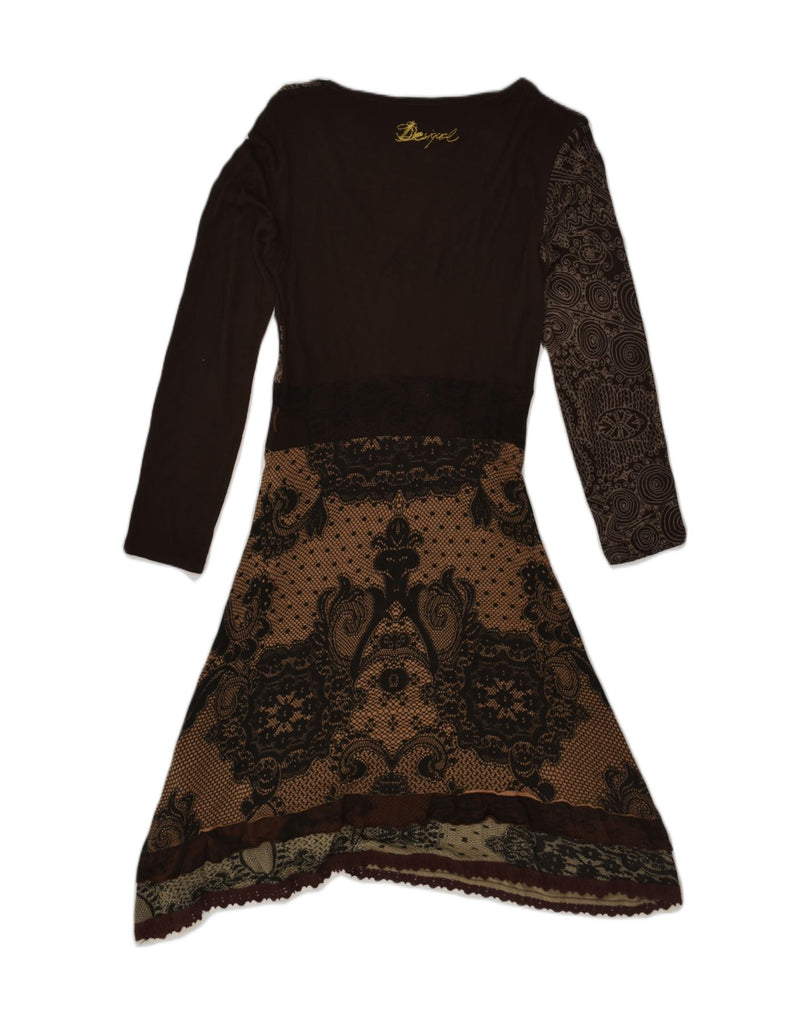 DESIGUAL Womens Long Sleeve A-Line Dress UK 12 Medium Brown Floral Viscose | Vintage Desigual | Thrift | Second-Hand Desigual | Used Clothing | Messina Hembry 