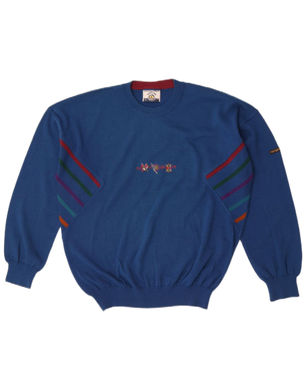 Navigare Mens Graphic Crew Neck Jumper Sweater Large Blue Striped Lambswool