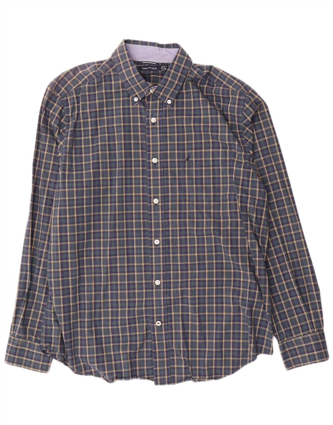 Nautica Mens Shirt Large Navy Blue Check Cotton