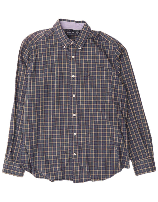 Nautica Mens Shirt Large Navy Blue Check Cotton