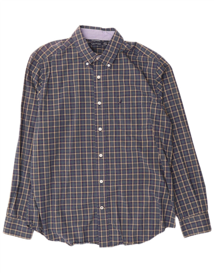 Nautica Mens Shirt Large Navy Blue Check Cotton