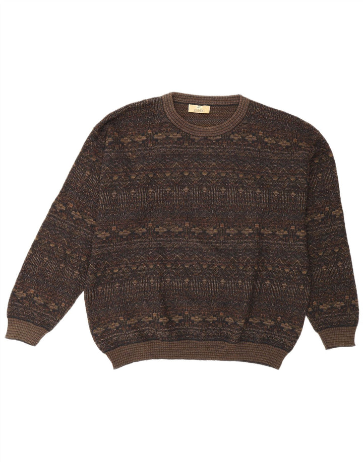 Rodes Mens Crew Neck Jumper Sweater Large Brown Geometric Wool