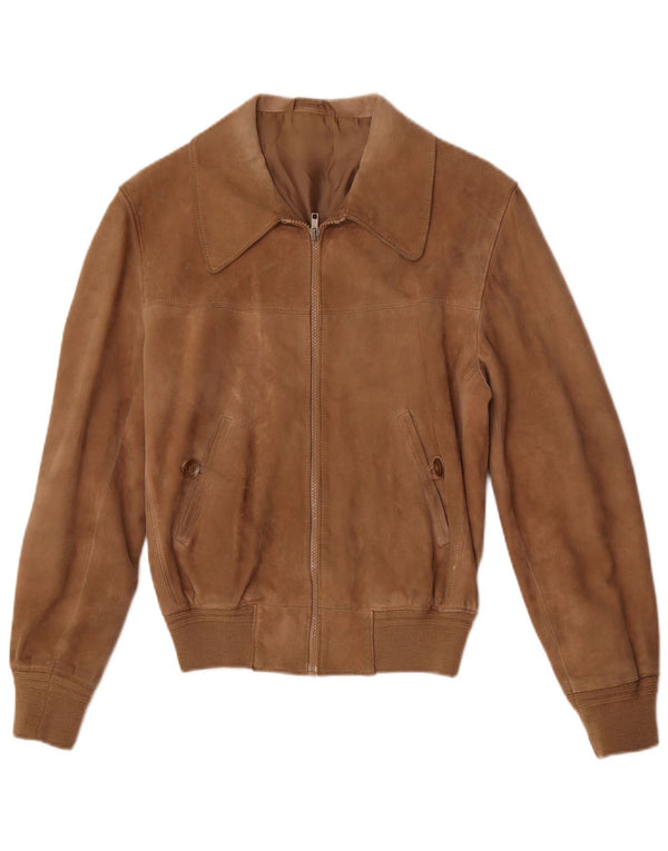 Vintage Mens Suede Bomber Jacket UK 36 Small Brown Leather Retro