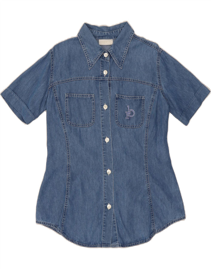 ROCCOBAROCCO Womens Short Sleeve Denim Shirt UK 12 Medium Blue Vintage Roccobarocco and Second-Hand Roccobarocco from Messina Hembry 