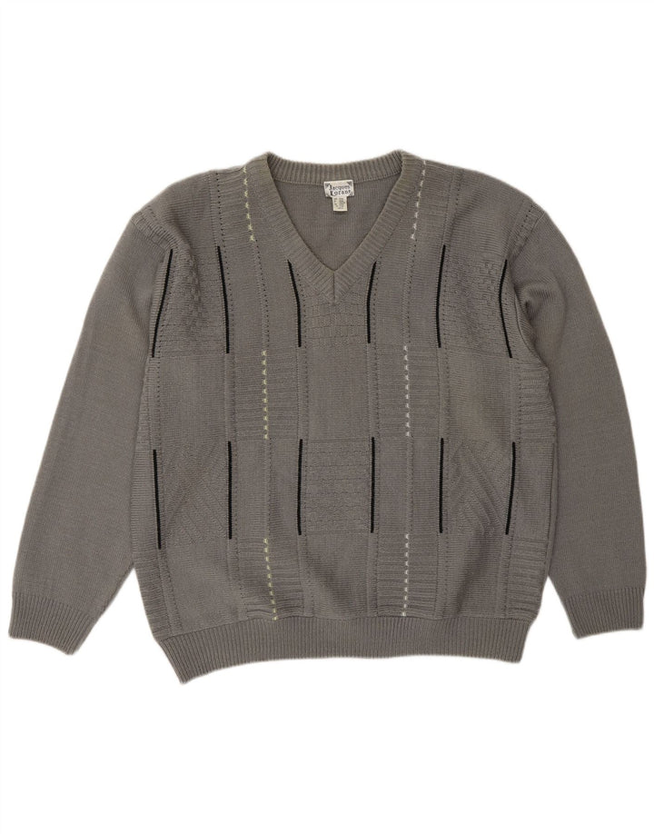 Jacques Lorant Mens V-Neck Jumper Sweater UK 42/44 Large Grey Striped