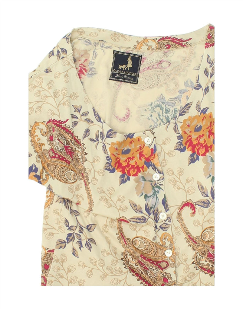 OLIVIA HASSLER Womens Short Sleeve Shirt Blouse UK 14 Large Beige Floral | Vintage Olivia Hassler | Thrift | Second-Hand Olivia Hassler | Used Clothing | Messina Hembry 