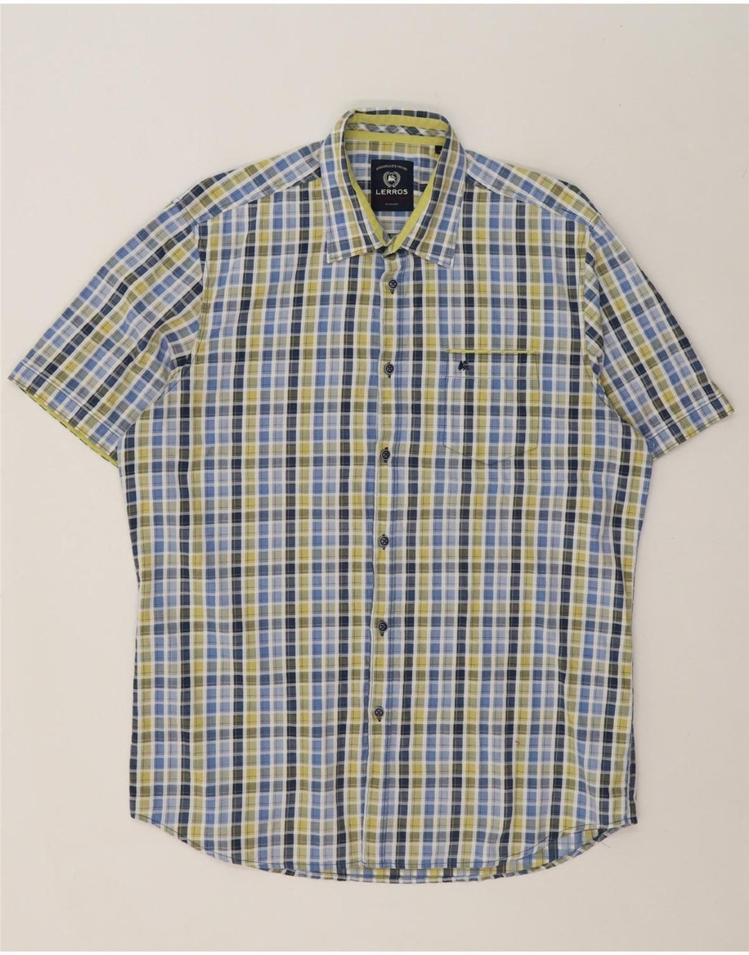 LERROS Mens Short Sleeve Shirt Large Blue Check Cotton Vintage Lerros and Second-Hand Lerros from Messina Hembry 