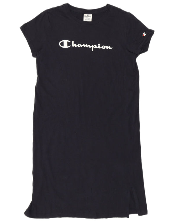 Champion Womens Graphic T-Shirt Dress UK 14 Medium Navy Blue Cotton