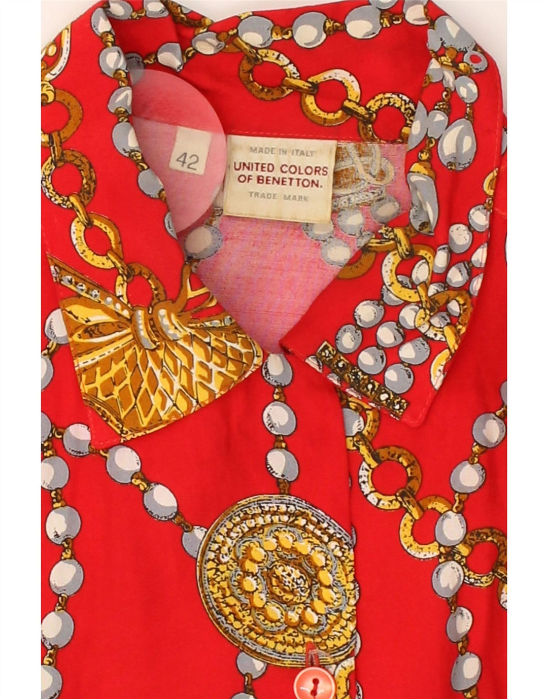 BENETTON Womens Abstract Pattern Shirt IT 42 Medium Red Rayon Vintage Benetton and Second-Hand Benetton from Messina Hembry 
