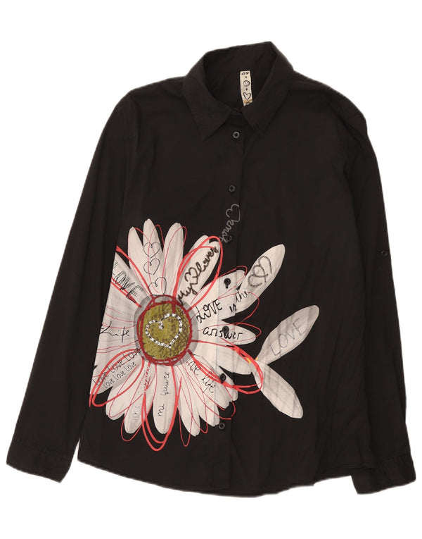 Desigual Womens Graphic Shirt UK 18 XL Black Floral Cotton