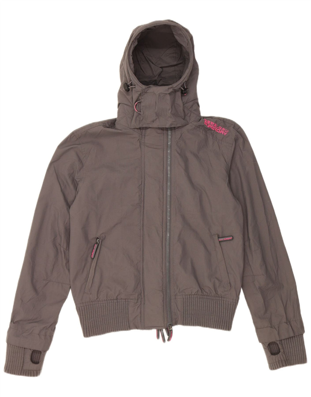 Superdry Womens Hooded Rain Jacket UK 16 Large Grey Nylon