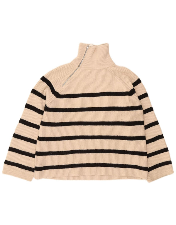Zara Womens Zip Neck Jumper Sweater UK 14 Medium Beige Striped Acrylic