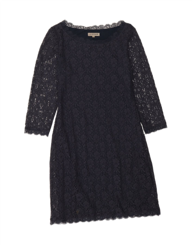 JIGSAW Womens 3/4 Sleeve Sheath Dress UK 14 Large Navy Blue Floral Nylon Vintage Jigsaw and Second-Hand Jigsaw from Messina Hembry 