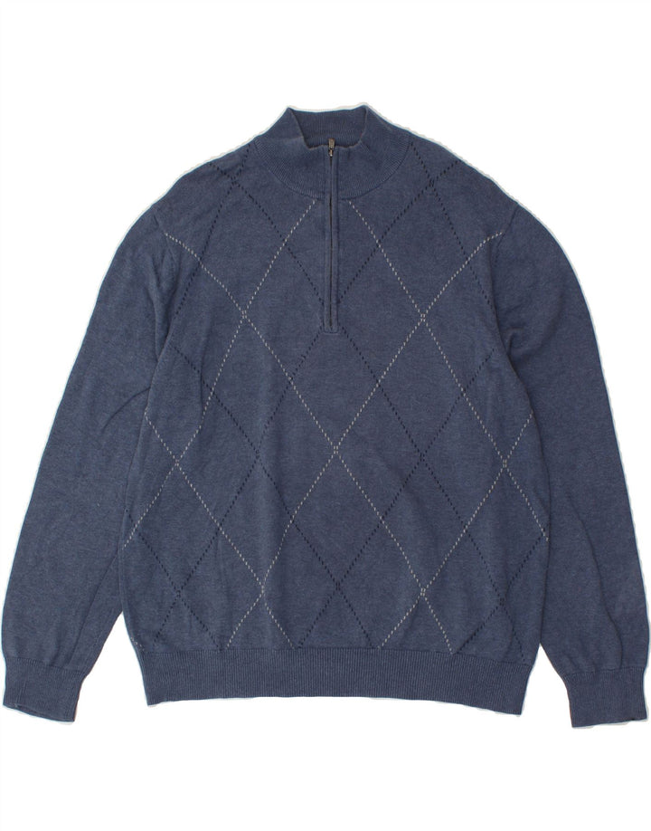 IZOD Mens Zip Neck Jumper Sweater Large Navy Blue Argyle/Diamond Cotton Vintage Izod and Second-Hand Izod from Messina Hembry 