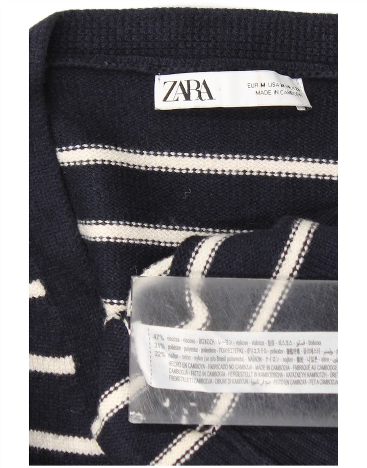 Zara Womens Cardigan Sweater UK 12 Medium Navy Blue Striped Viscose