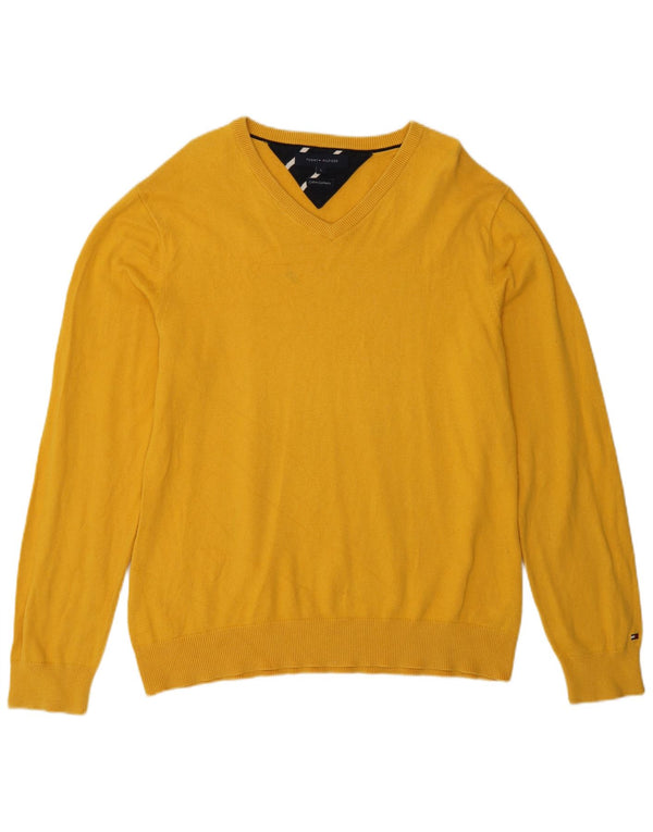 Tommy Hilfiger Mens V-Neck Jumper Sweater Large Yellow Cotton