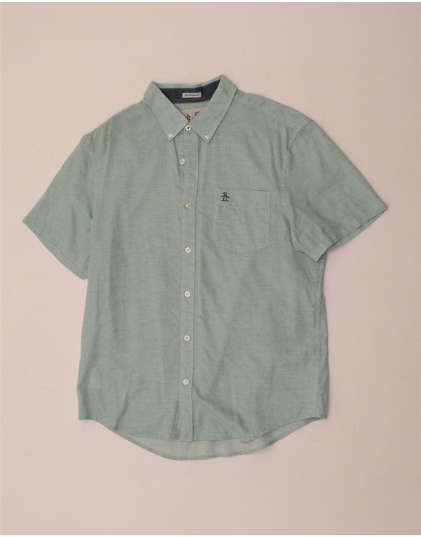Penguin Mens Heritage Short Sleeve Slim Fit Shirt Large Green Pinstripe