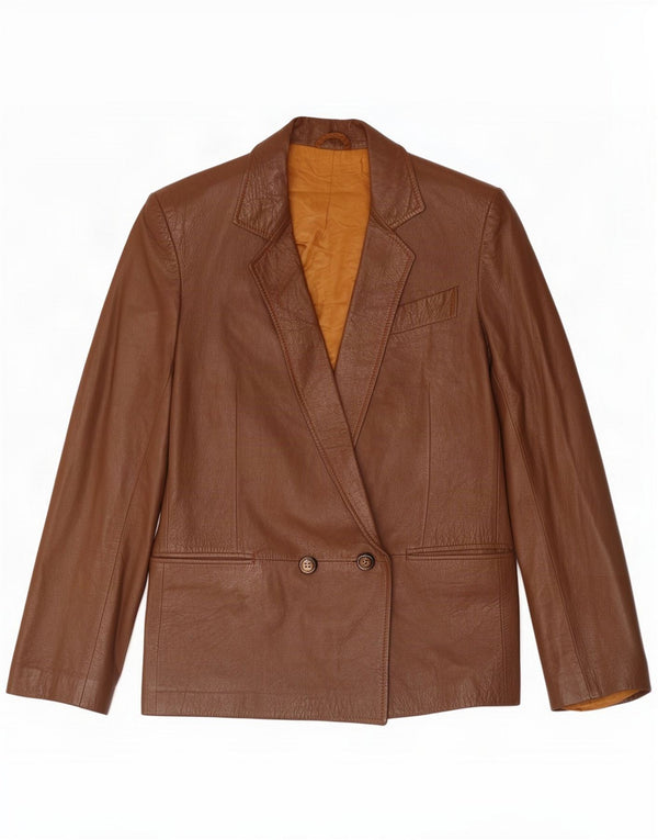 Vintage Womens Double Breasted Leather Blazer Jacket UK 14 Medium Brown