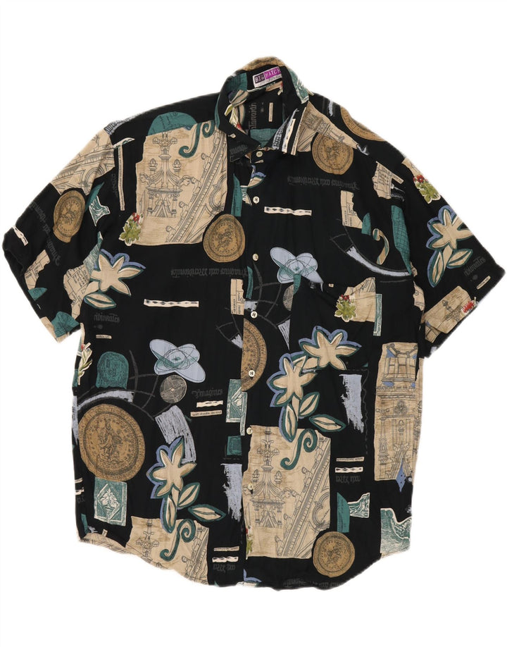 BIG MATCH  Mens Short Sleeve Shirt Medium Navy Blue Patchwork Viscose