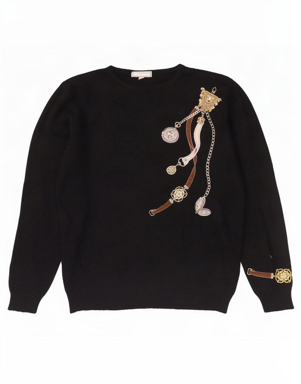 Vintage Womens Graphic Boat Neck Jumper Sweater UK 18 XL Black Angora