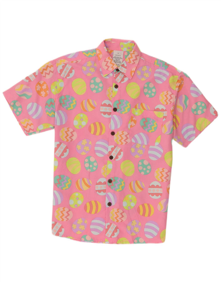 Vintage Mens Easter Abstract Pattern Short Sleeve Shirt Large Pink