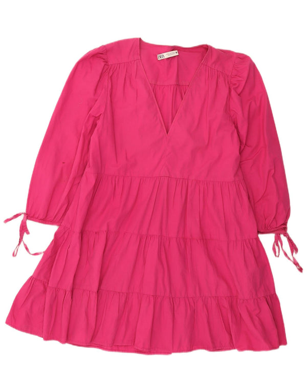 Zara Womens 3/4 Sleeve Tiered Dress UK 12 Medium Pink Cotton
