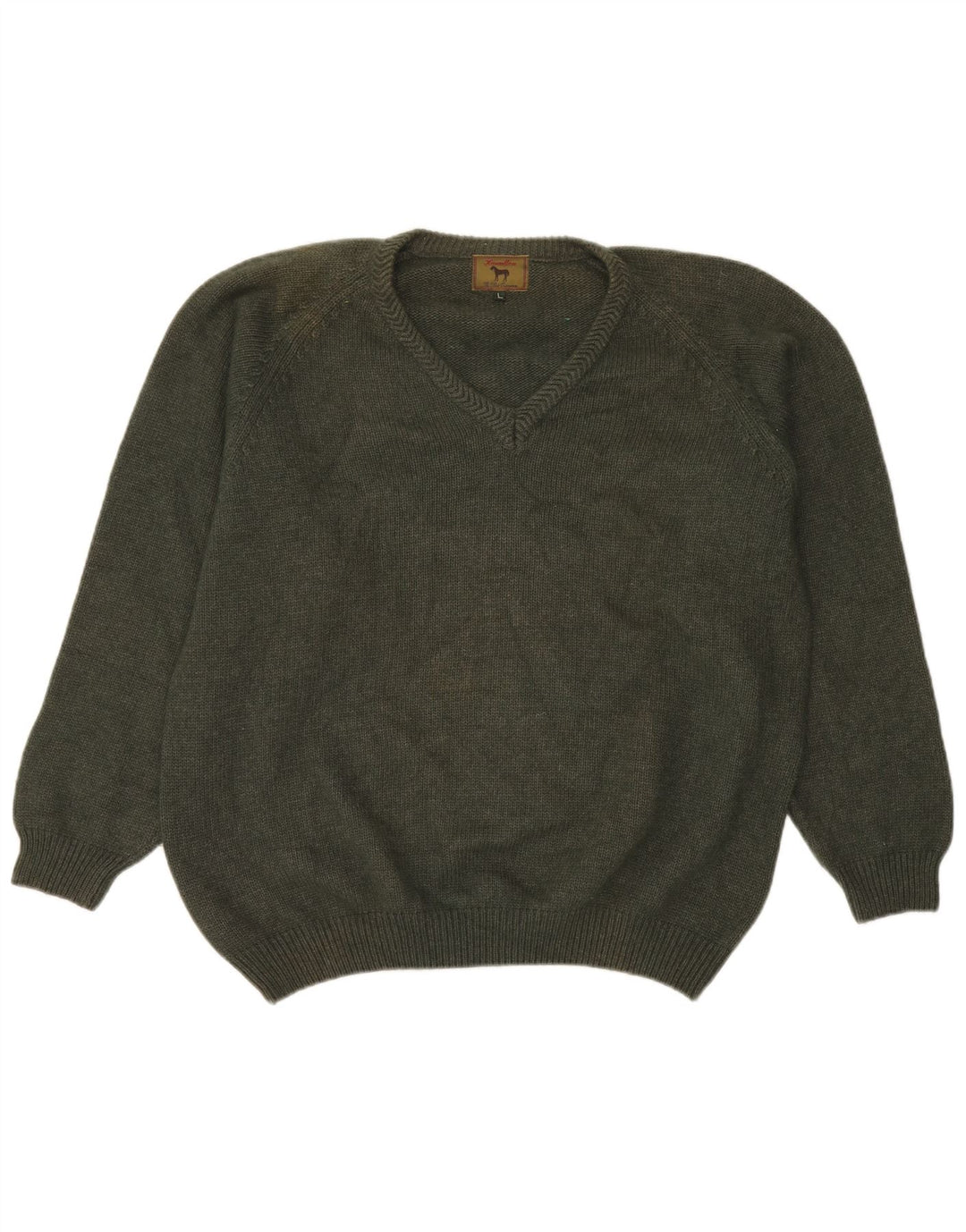 HAMILTON Mens V-Neck Jumper Sweater Large Khaki Lambswool
