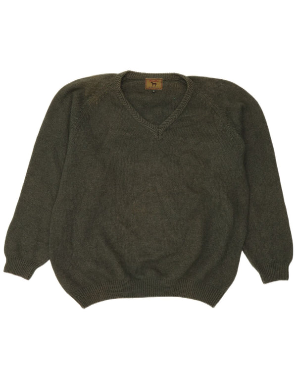 HAMILTON Mens V-Neck Jumper Sweater Large Khaki Lambswool
