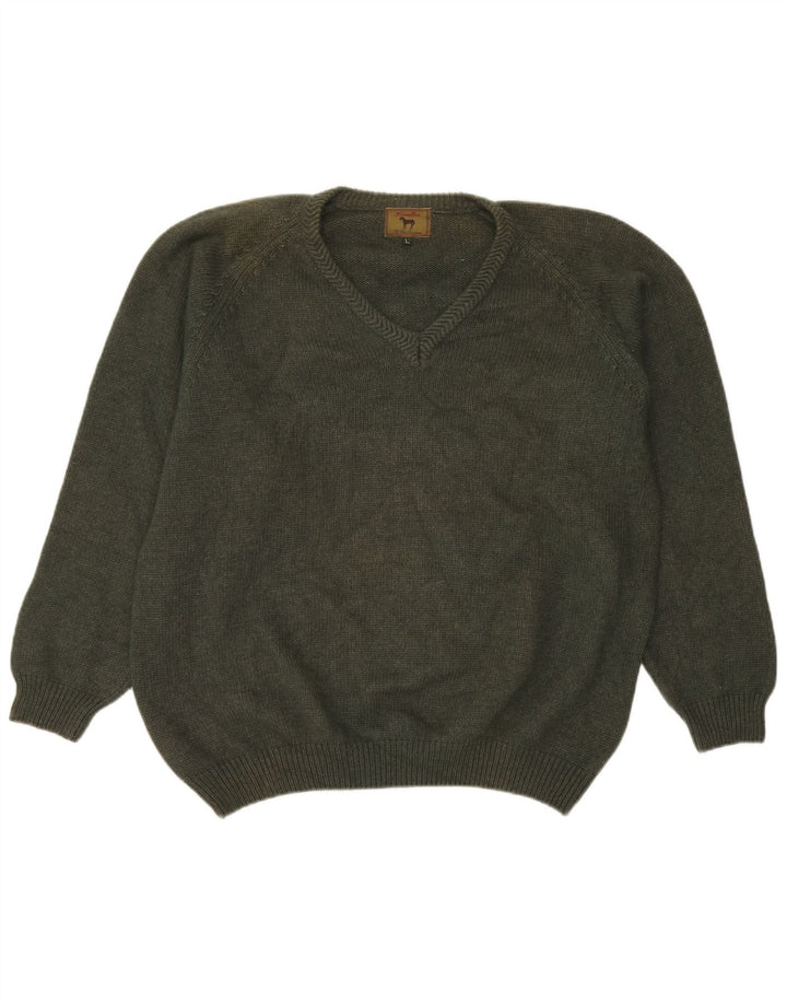 HAMILTON Mens V-Neck Jumper Sweater Large Khaki Lambswool
