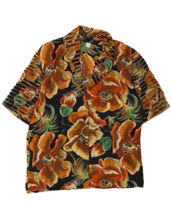 Vintage Womens Short Sleeve Shirt Blouse UK 14 Medium Black Floral Viscose