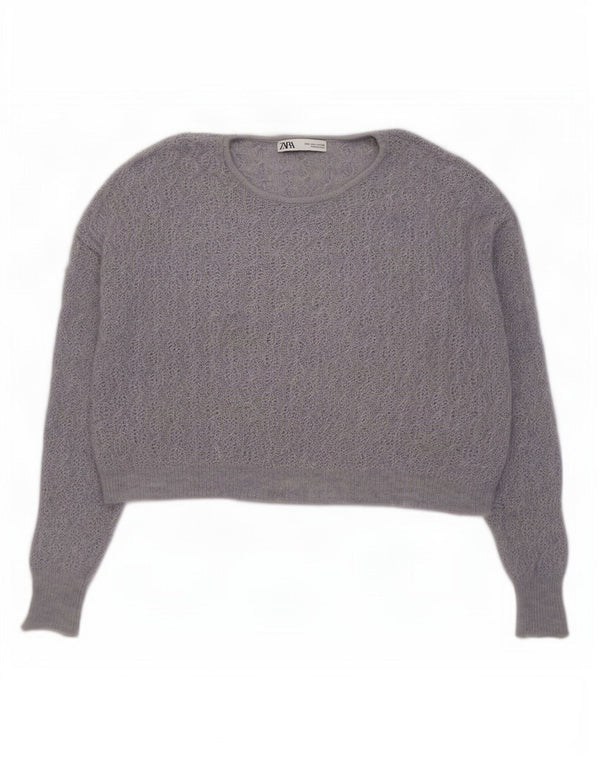Zara Womens Crop Boat Neck Jumper Sweater UK 16 Large Purple Wool
