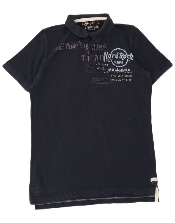 Hard Rock Cafe Mens Mallorca Graphic Polo Shirt Large Navy Blue Cotton