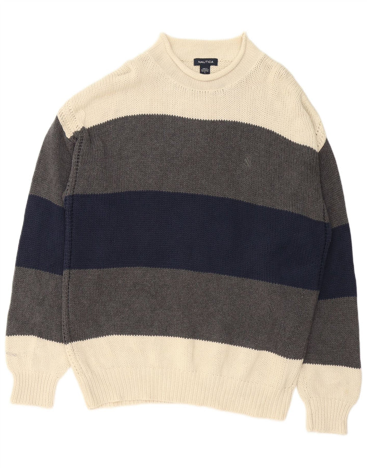 Nautica Mens Turtle Neck Jumper Sweater Large Grey Colourblock Cotton