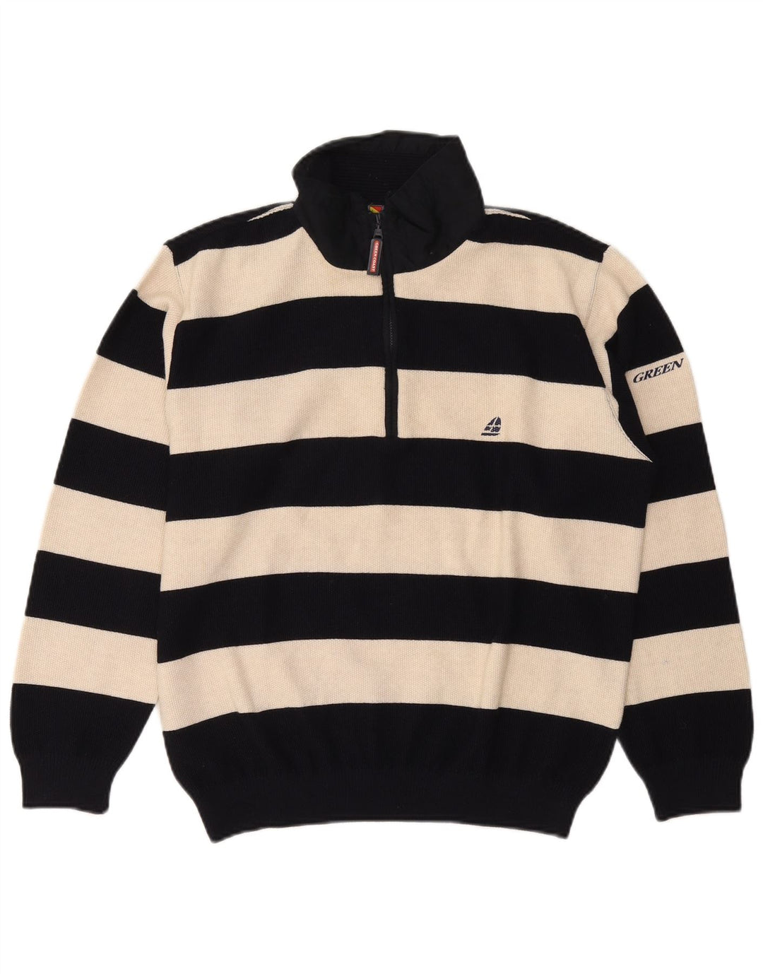 Green Coast Mens Zip Neck Jumper Sweater IT 48 Medium Black Striped Wool