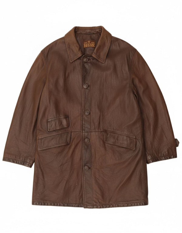 Green Leaves Mens Leather Coat UK 40 Large Brown Leather