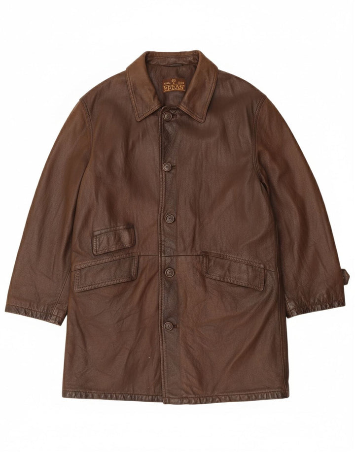 Green Leaves Mens Leather Coat UK 40 Large Brown Leather