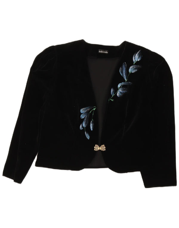 Vintage Womens Crop Velvet Blazer Jacket UK 16 Large Black Floral Wool