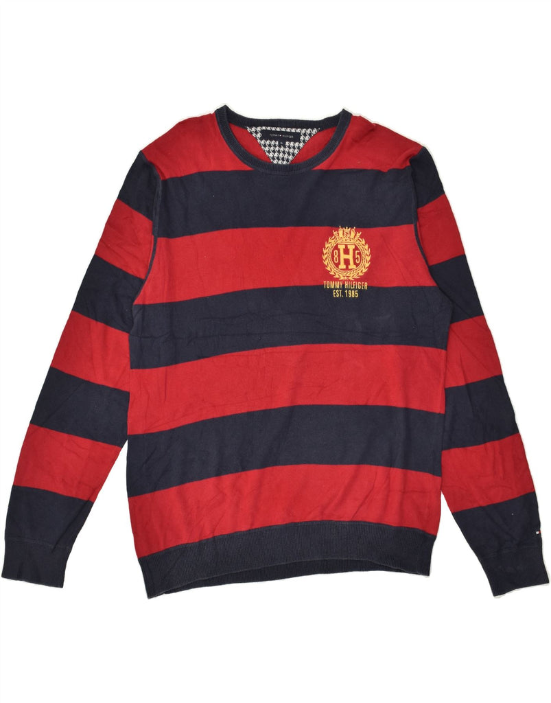 TOMMY HILFIGER Mens Crew Neck Jumper Sweater XL Red Striped Cotton | Vintage Tommy Hilfiger | Thrift | Second-Hand Tommy Hilfiger | Used Clothing | Messina Hembry 