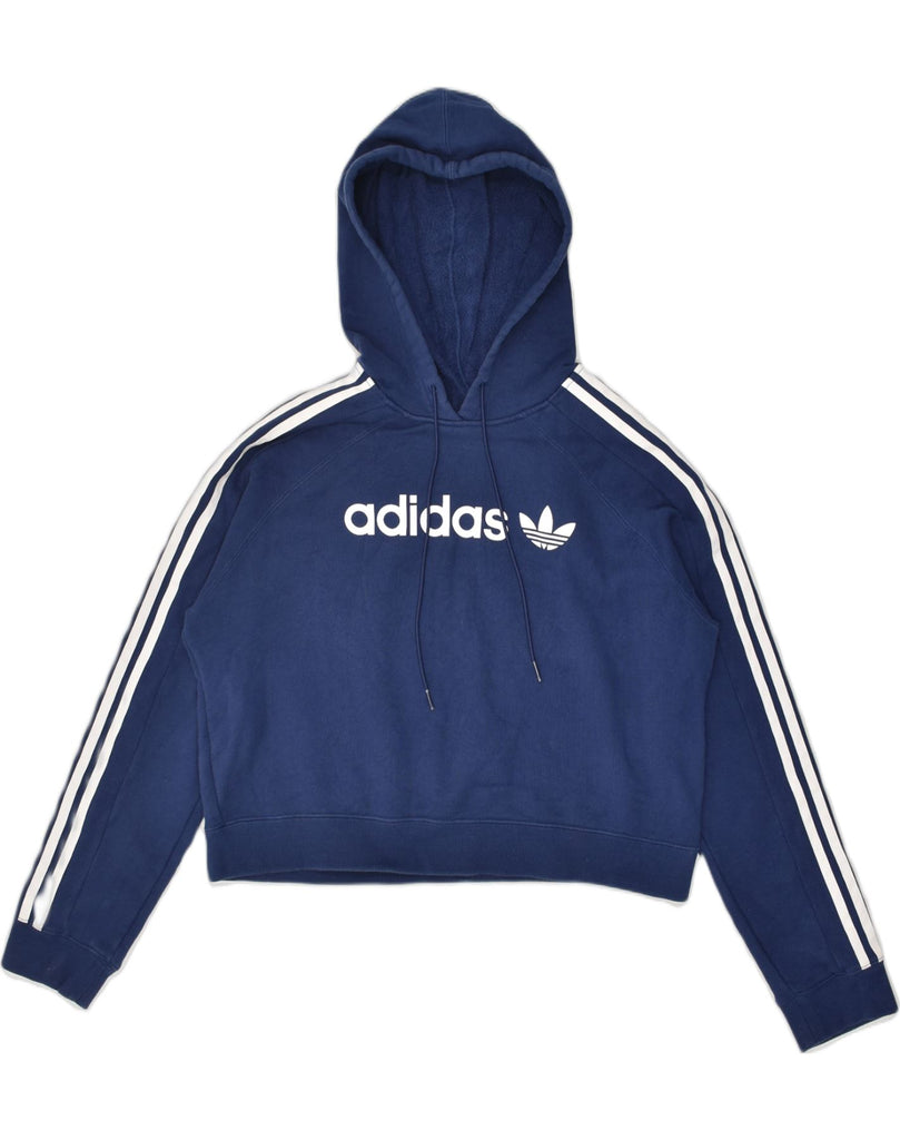 ADIDAS Womens Crop Graphic Hoodie Jumper UK 8 Small Navy Blue Cotton | Vintage Adidas | Thrift | Second-Hand Adidas | Used Clothing | Messina Hembry 