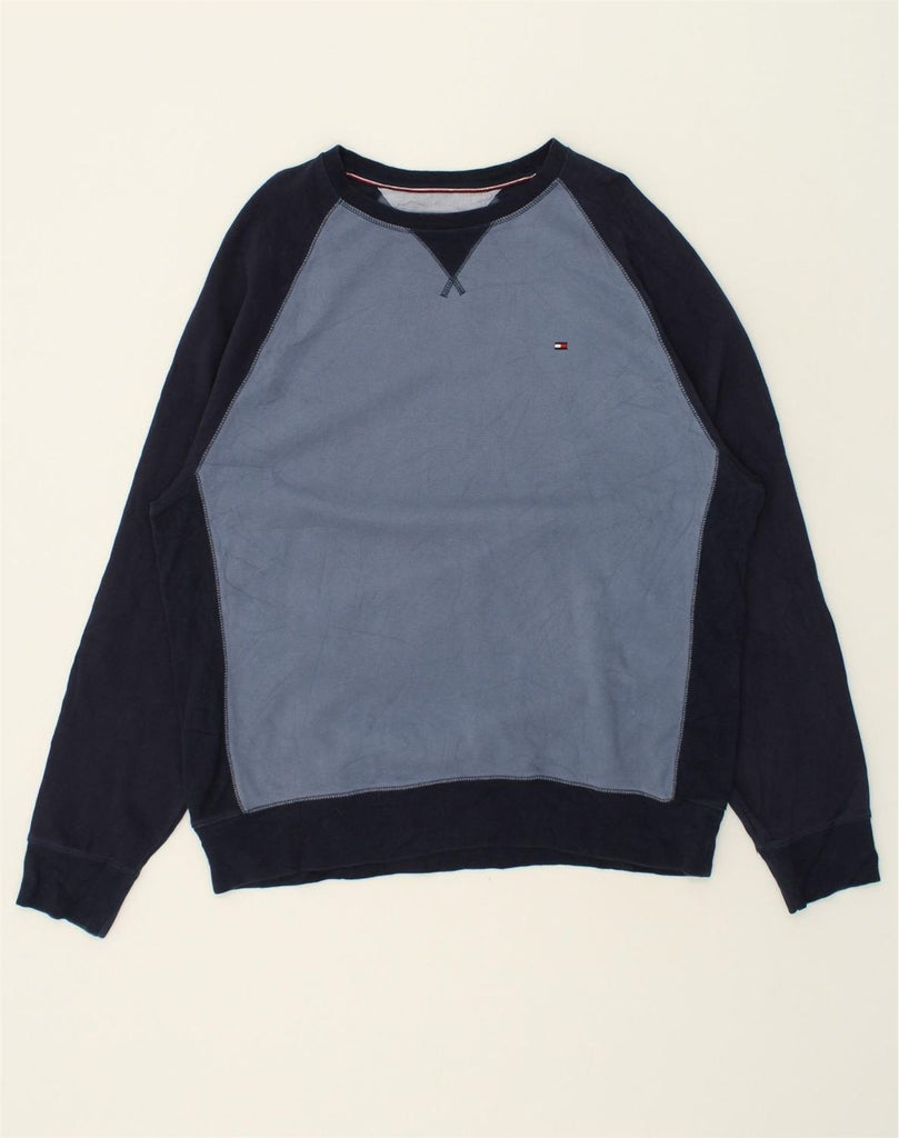 TOMMY HILFIGER Mens Tall Sweatshirt Jumper XL Blue Colourblock Cotton | Vintage Tommy Hilfiger | Thrift | Second-Hand Tommy Hilfiger | Used Clothing | Messina Hembry 