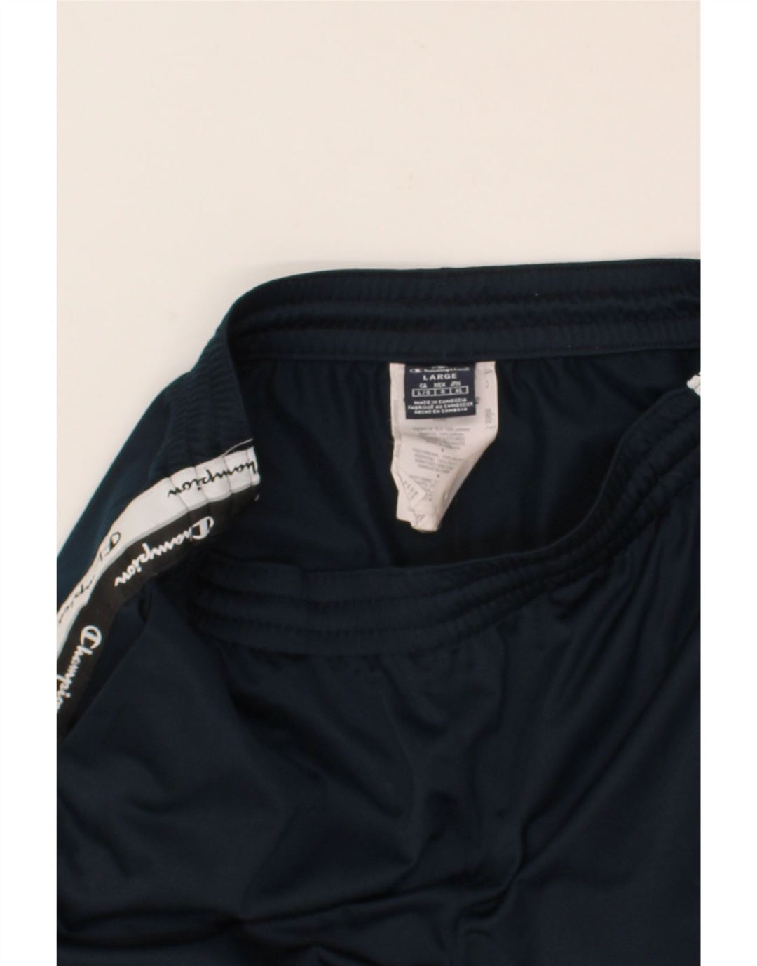 CHAMPION Mens Graphic Tracksuit Trousers Large  Navy Blue Polyester Vintage Champion and Second-Hand Champion from Messina Hembry 